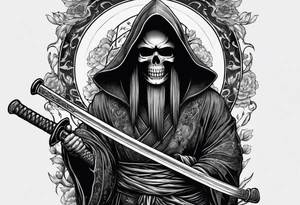 katana with grim reaper and skull tattoo idea
