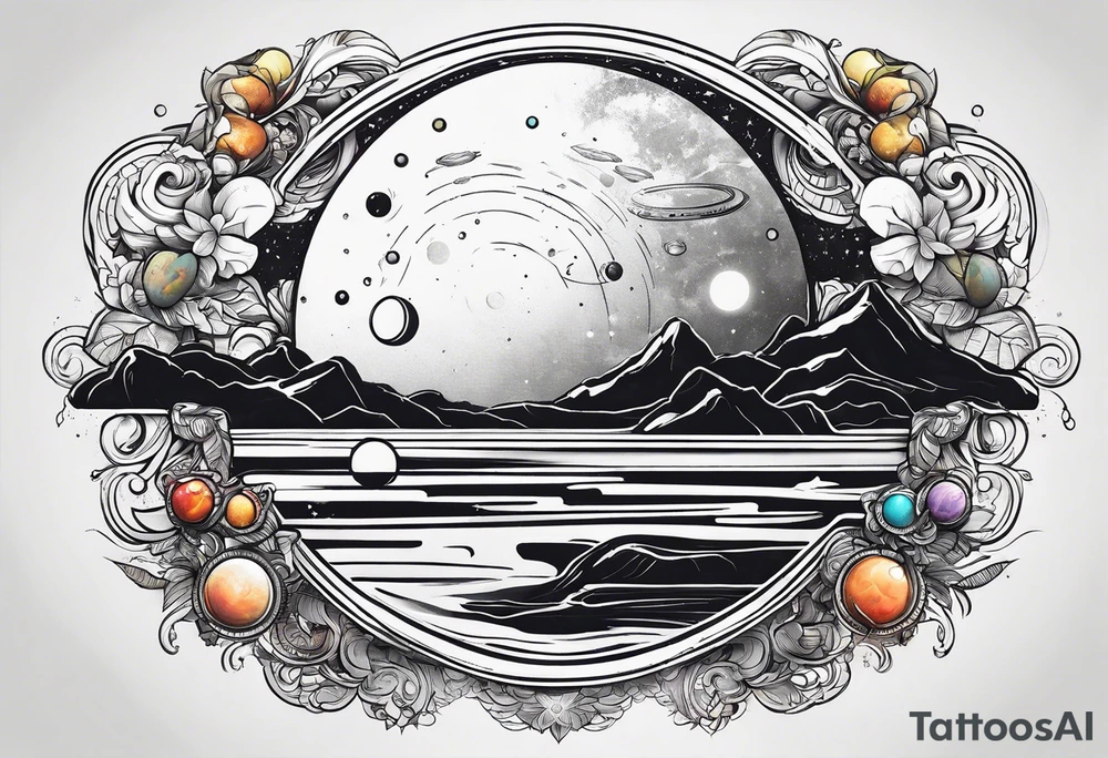 Thin line with planets around it tattoo idea
