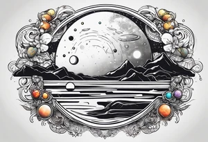 Thin line with planets around it tattoo idea