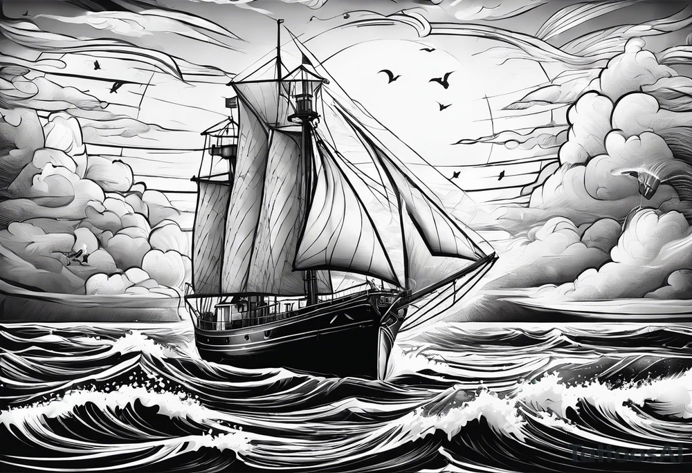 phare maritime dans un bateau a voiles vu du devant. tattoo idea