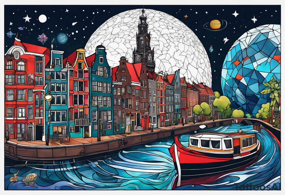 Tattoo of water in space featuring animals featuring Amsterdam buildings and canal in galaxy colours featuring animals and pineapples tattoo idea
