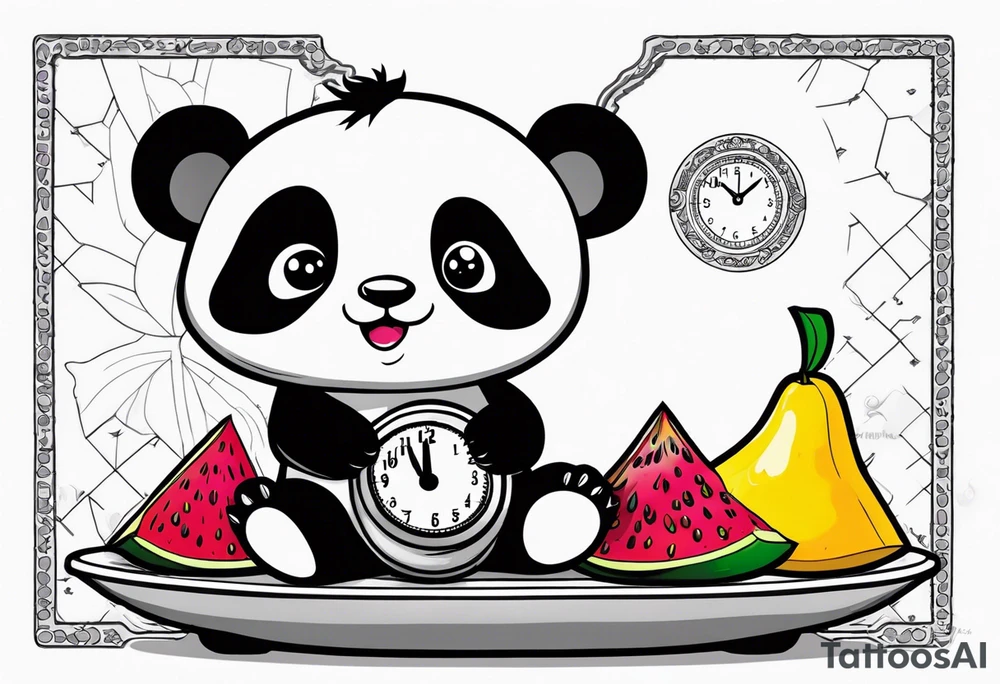 Baby panda in a fruit scale displaying 7.11 lbs and a digital clock showing 1:17 tattoo idea