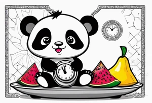 Baby panda in a fruit scale displaying 7.11 lbs and a digital clock showing 1:17 tattoo idea