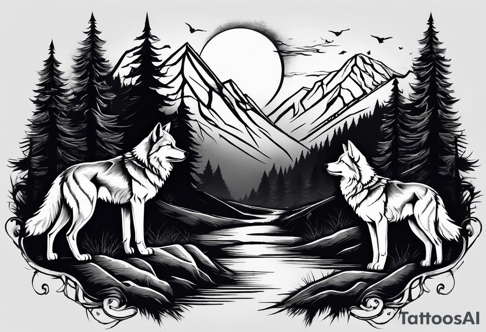 Half sleeve from shoulder
Peaks of mountains with a moon behind it
Dark woods below the mountains with a narrow trail with two wolves on bottom of the trails tattoo idea