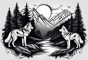Half sleeve from shoulder
Peaks of mountains with a moon behind it
Dark woods below the mountains with a narrow trail with two wolves on bottom of the trails tattoo idea