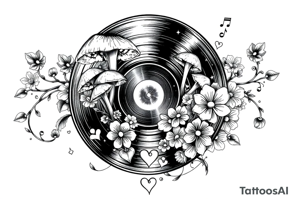 vinyl record with mushrooms, flowers, hearts, and music notes tattoo idea