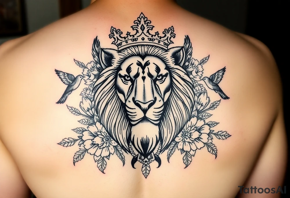 powerful majestic lion with a crown, surrounded by floral ornaments and birds tattoo idea