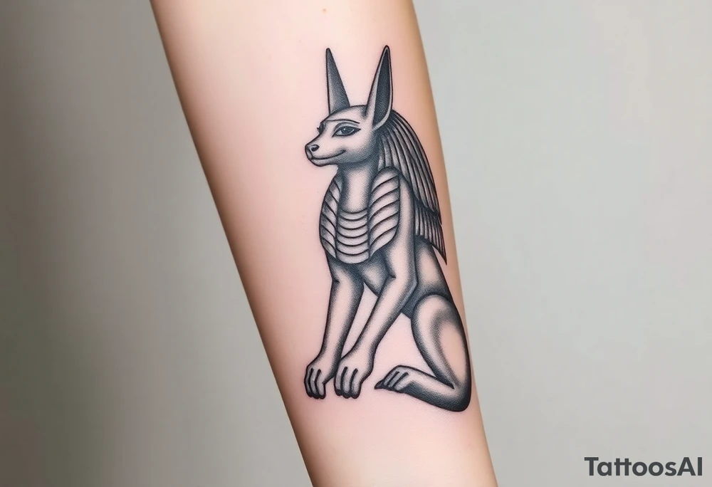 Design a tattoo of Anubis, as though it was carved into stone, it should have a sculptural stone like featured with a classic Anubis style large to full a fore arm tattoo idea