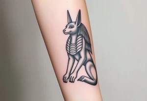 Design a tattoo of Anubis, as though it was carved into stone, it should have a sculptural stone like featured with a classic Anubis style large to full a fore arm tattoo idea