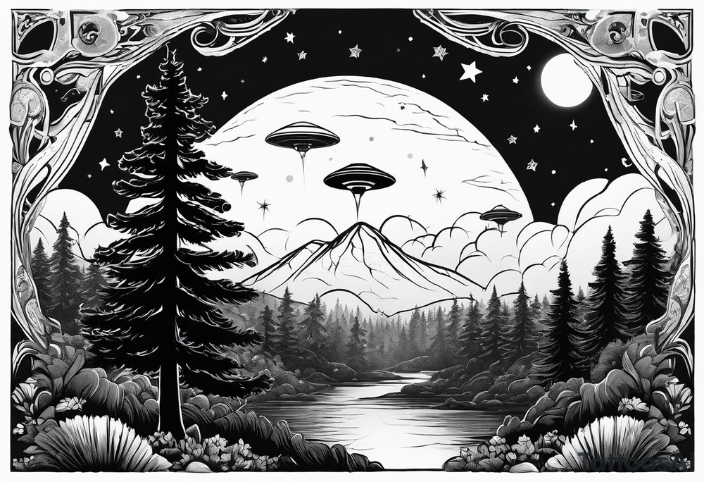 forest with trail and above is night sky with stars and 1 small ufo tattoo idea