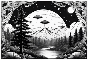 forest with trail and above is night sky with stars and 1 small ufo tattoo idea