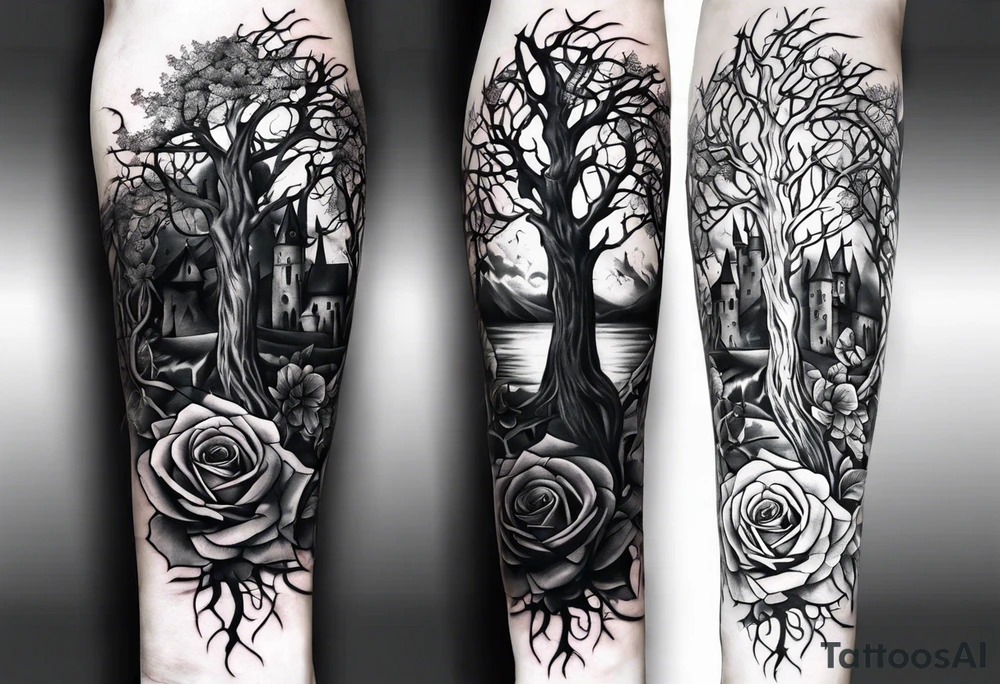 tattoo fool sleeve, old broken gothic castle, broken sword, tree roots break out of the chains, roses tattoo idea