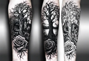 tattoo fool sleeve, old broken gothic castle, broken sword, tree roots break out of the chains, roses tattoo idea