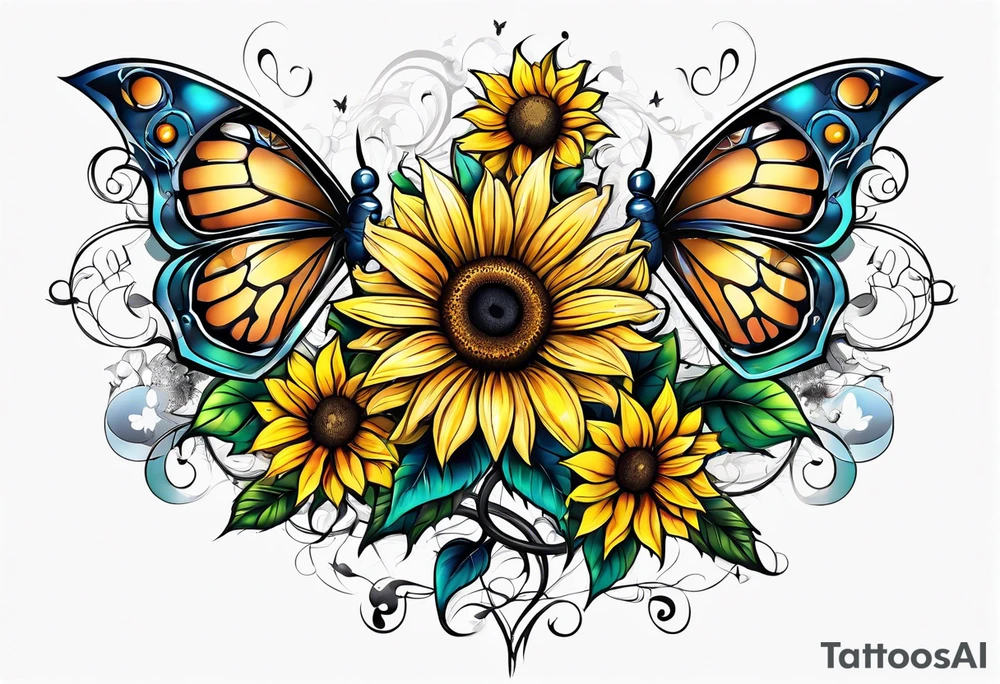 Winged cross with sunflower and butterflies tattoo idea