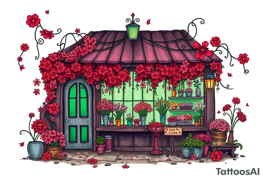 Tim Burton’s flower shop is abandoned and dripping with muted reds, dusty pinks, and eerie green glow. tattoo idea tattoo idea