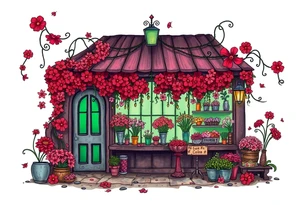 Tim Burton’s flower shop is abandoned and dripping with muted reds, dusty pinks, and eerie green glow. tattoo idea tattoo idea