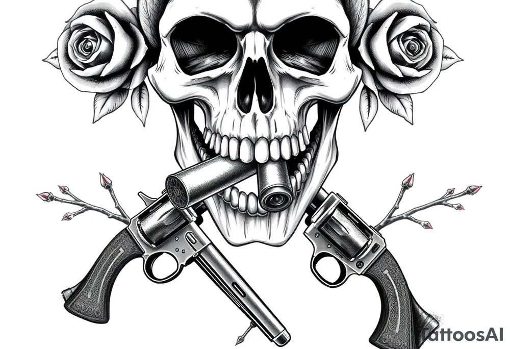 A realistic skull with a cigar in its mouth, crossed by two antique pistols and thorny rose stems. tattoo idea