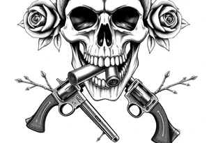 A realistic skull with a cigar in its mouth, crossed by two antique pistols and thorny rose stems. tattoo idea