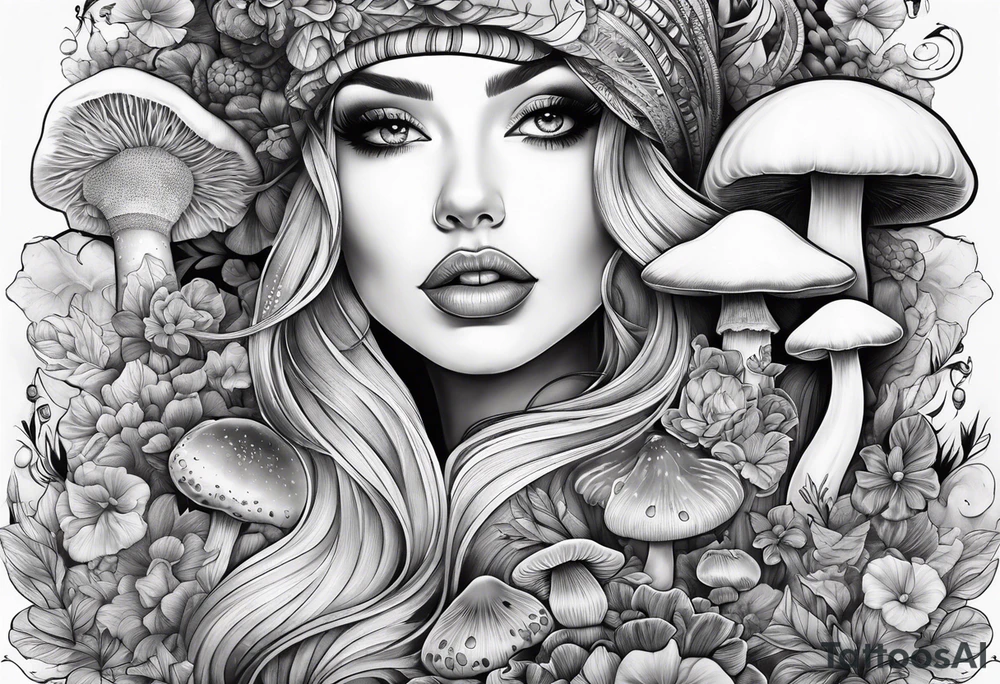 tattoo sleeve girl tongue mushrooms tattoo idea