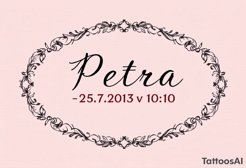 Classic serif font "Petra – 25.7.2013 v 10:10" inside a soft blush pink oval frame. tattoo idea