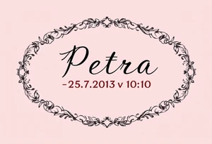 Classic serif font "Petra – 25.7.2013 v 10:10" inside a soft blush pink oval frame. tattoo idea