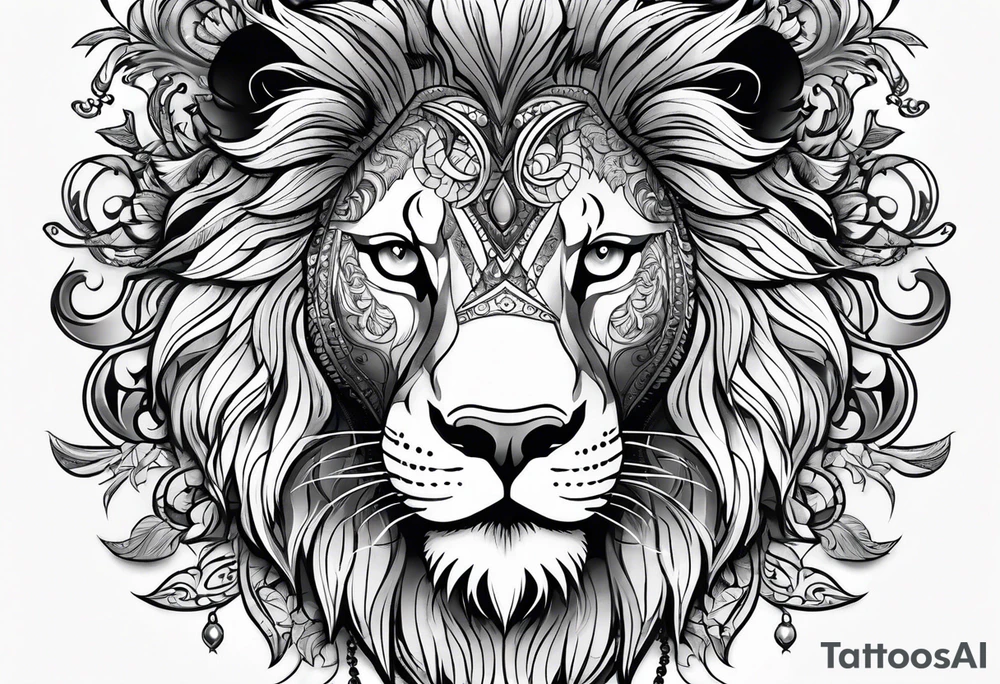 Half lion face ornate black and grey tattoo idea