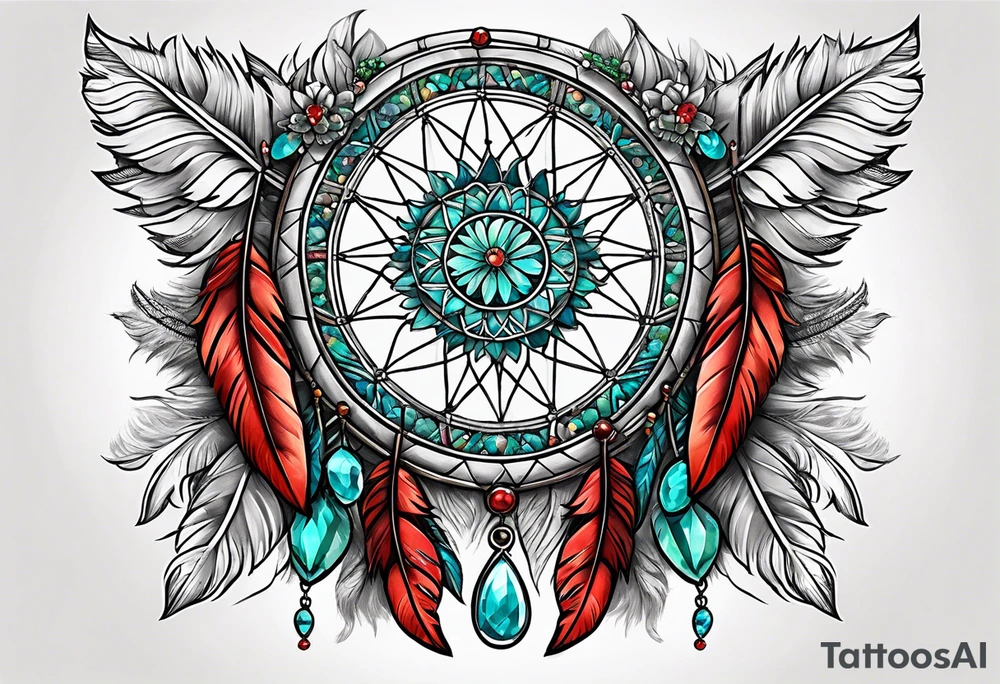 dreamcatcher with an aquamarine feather a red feather and a peridot feather with gemstones tattoo idea