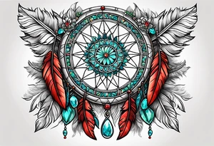 dreamcatcher with an aquamarine feather a red feather and a peridot feather with gemstones tattoo idea