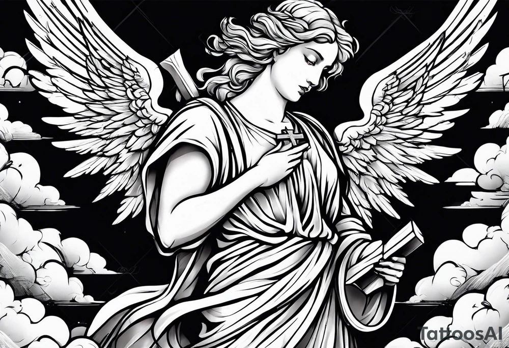 Angelic Angel holding cross in clouds arm tattoo tattoo idea