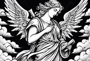 Angelic Angel holding cross in clouds arm tattoo tattoo idea