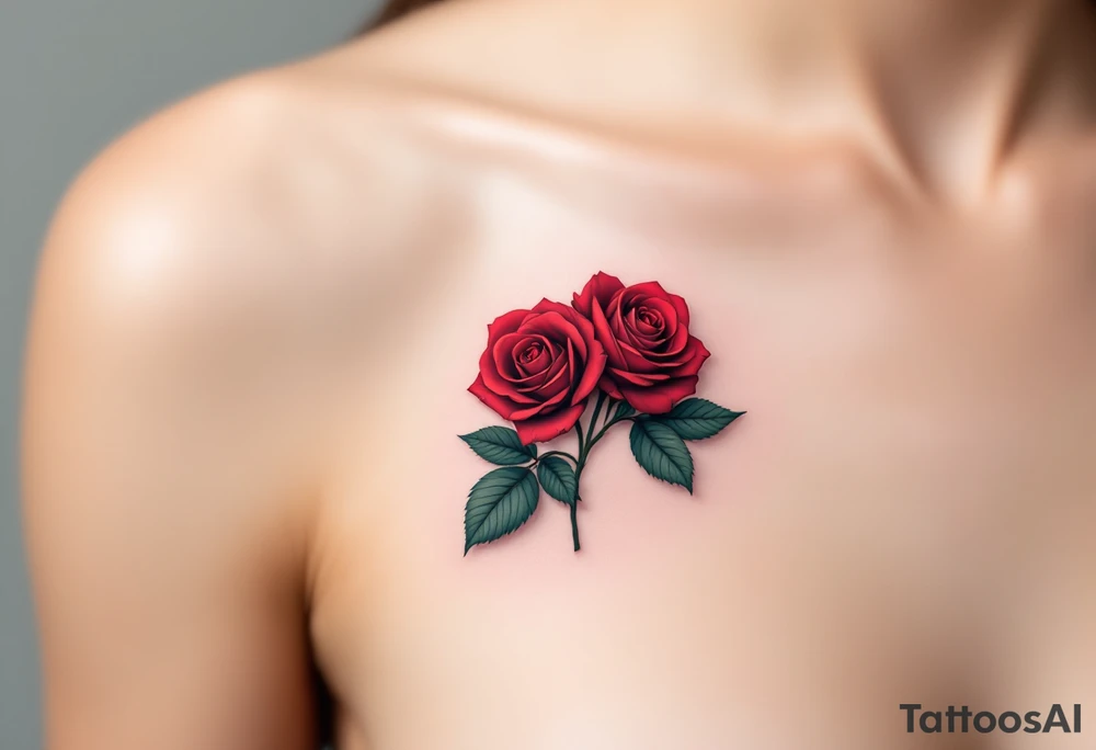 Tiny cluster of three red roses, tightly grouped with dark green leaves, drawn in a micro-realistic style. tattoo idea