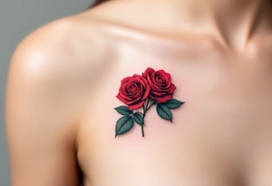 Tiny cluster of three red roses, tightly grouped with dark green leaves, drawn in a micro-realistic style. tattoo idea