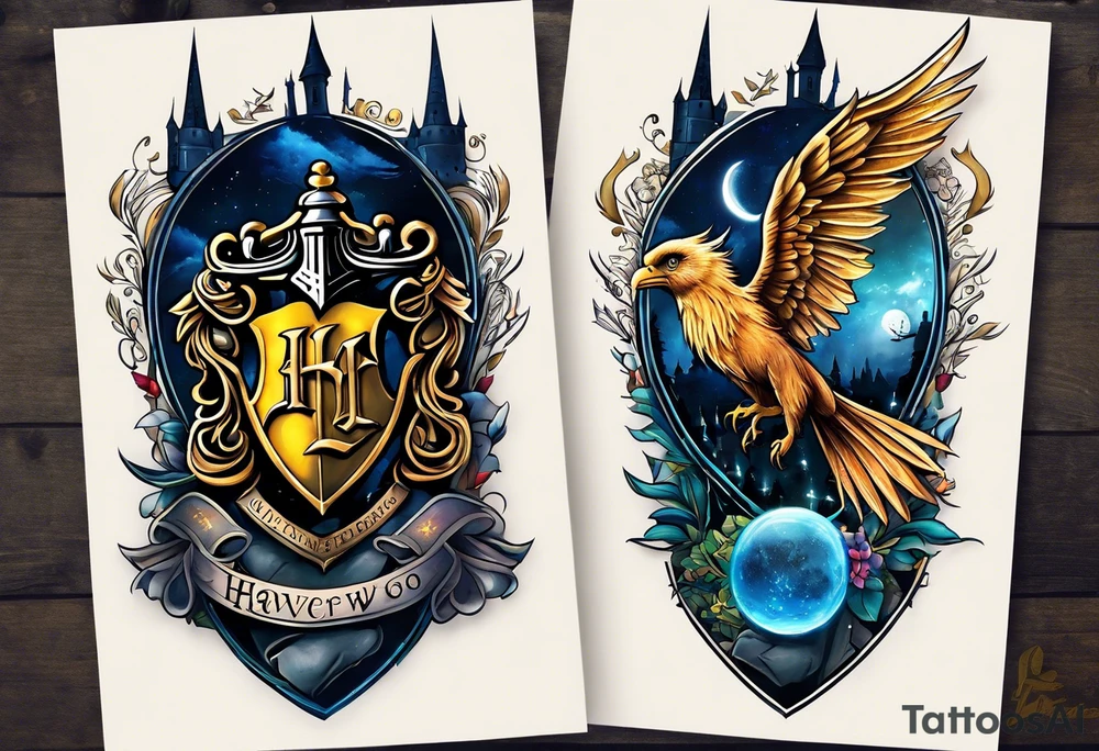 Harry Potter themed full sleeve. Include the Hogwarts castle, a golden snitch, the flying ford angler, the Ravenclaw house crest, and Luna Lovegood. tattoo idea