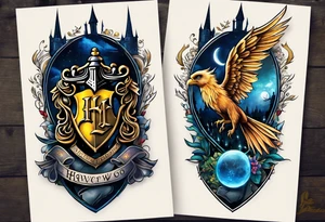 Harry Potter themed full sleeve. Include the Hogwarts castle, a golden snitch, the flying ford angler, the Ravenclaw house crest, and Luna Lovegood. tattoo idea