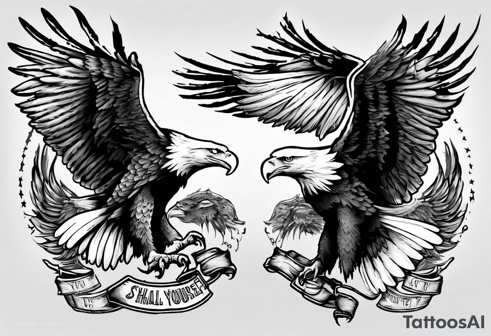 swooping military bald eagle tattoo, with the words "you shall prove yourself in the bitter end" up top and on the bottom the words "but for now, brace yourself." tattoo idea