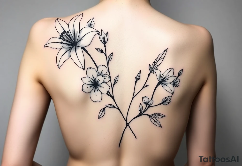 lilies, cherry blossoms and arrowhead plant in a floral wrap tattoo idea