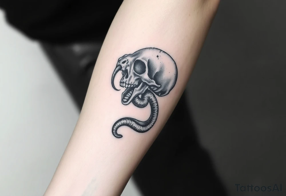 A hyper-realistic Dark Mark, with the snake slithering out of the skull’s mouth, coiled in a hypnotic pose tattoo idea