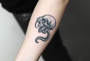 A hyper-realistic Dark Mark, with the snake slithering out of the skull’s mouth, coiled in a hypnotic pose tattoo idea