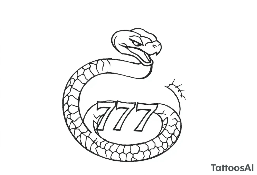 Black linework tattoo of a stylized snake with a slightly menacing or focused expression, curving in an S-shape with its body wrapping around or framing the number 777. The number should be bold and centered within the lower coil. No shading, just clean, sharp outlines. The snake should have a strong head shape with visible eyes and a minimalistic jaw detail. The overall style should be simple, compact, and ideal for a small tattoo with a modern, edgy feel tattoo idea
