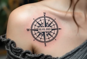Jakub name and date 02. 03. 2021 – A classic blue and gray compass with Jack's birthdate etched in bold, modern font at the center. tattoo idea