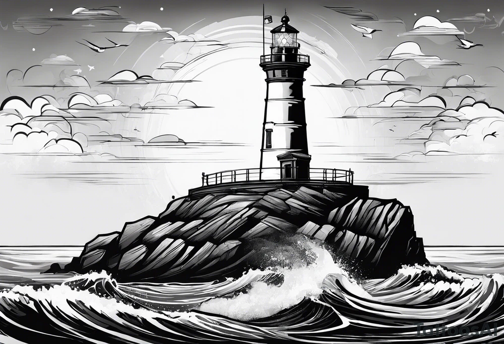 maritime lighthouse partially hidden by its  large fixed sails. tattoo idea