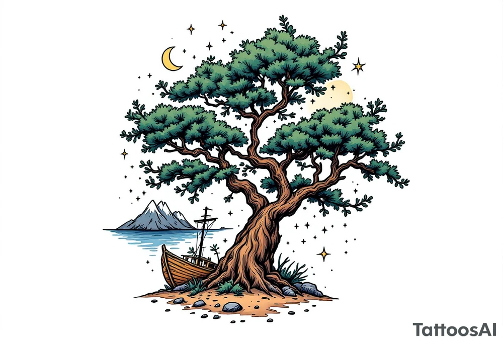 tattoo that has an acacia tree with mountains, ocean with a ship wreck and the northern star tattoo idea