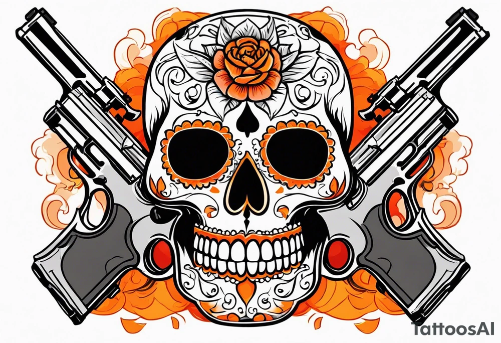 Orange Sugar skull with guns that are orange and red with smoke around it tattoo idea