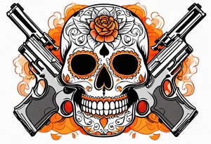 Orange Sugar skull with guns that are orange and red with smoke around it tattoo idea