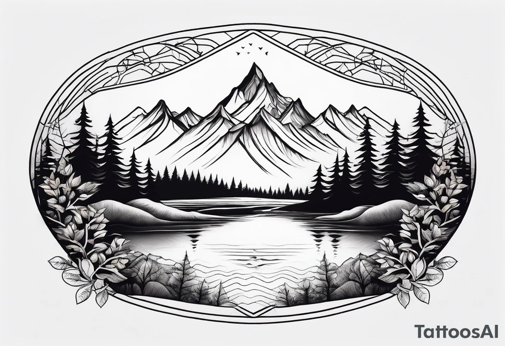 Design a symmetrical tattoo featuring a serene mountain landscape with a winding river and delicate trees, creating a balanced and harmonious composition tattoo idea