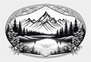 Design a symmetrical tattoo featuring a serene mountain landscape with a winding river and delicate trees, creating a balanced and harmonious composition tattoo idea