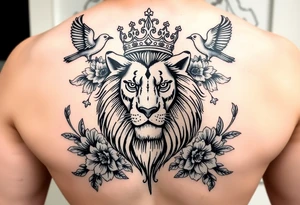 powerful majestic lion with a crown, surrounded by floral ornaments and birds tattoo idea