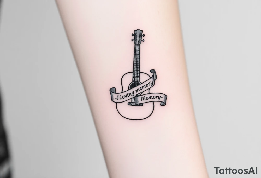 Accustic Guitar with ribbon wrapped around with In Loving Memory tattoo idea