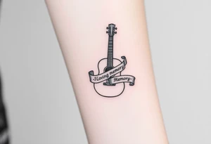 Accustic Guitar with ribbon wrapped around with In Loving Memory tattoo idea