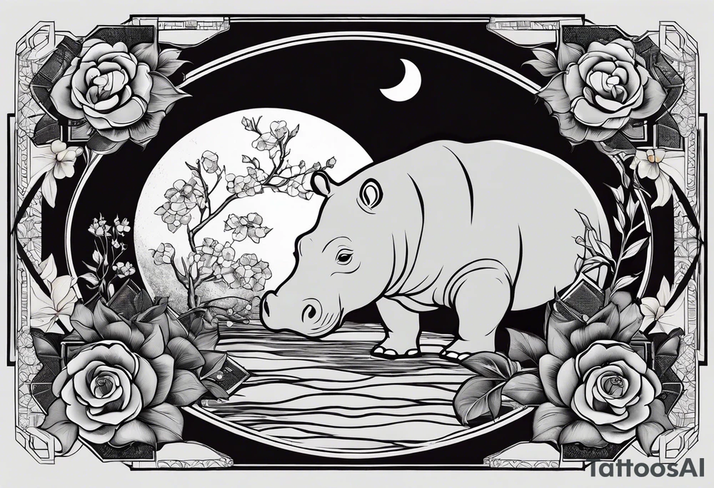Very asymmetrical, +geometric pattern, with realistic full moon, with seeious looking hippo,,
with wintersweet flower bud, +portrait orientation, +inkart touch, tattoo idea